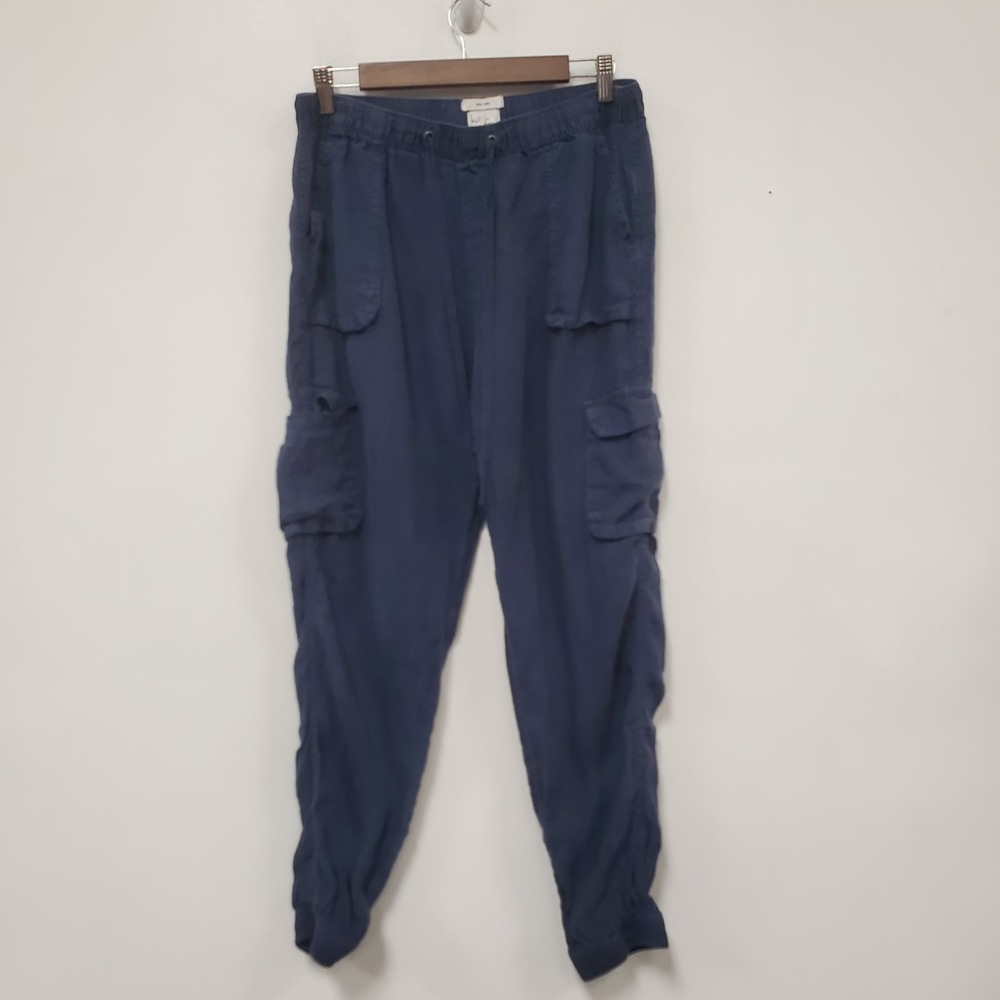 Nicole Miller Womens Linen Cargo Pants Size L Blue Drawstring Pull On Tapered